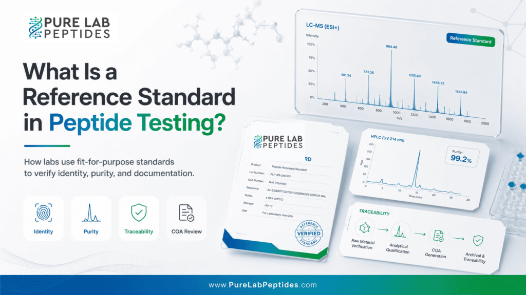 Reference standard research article image from Pure Lab Peptides showing LC-MS, HPLC, and COA review context